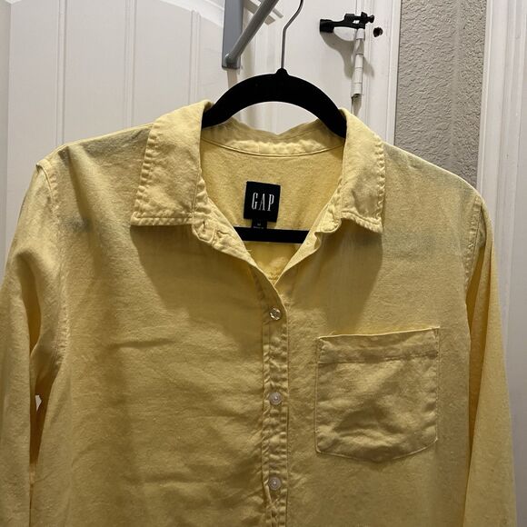 Vintage Gap Shirt Womens Size M Yellow Linen Blend Button Up Beach Coastal Y2K - Picture 2 of 10